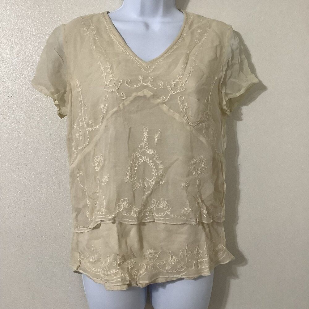 Vintage‎ Y2K Fairycore Cottagecore Cream Dainty Embroidered Boho Fairy Blouse S